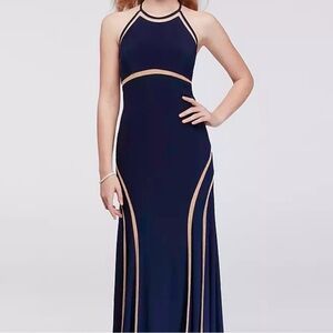 Xscape Navy and Gold/Beige Maxi Dress
